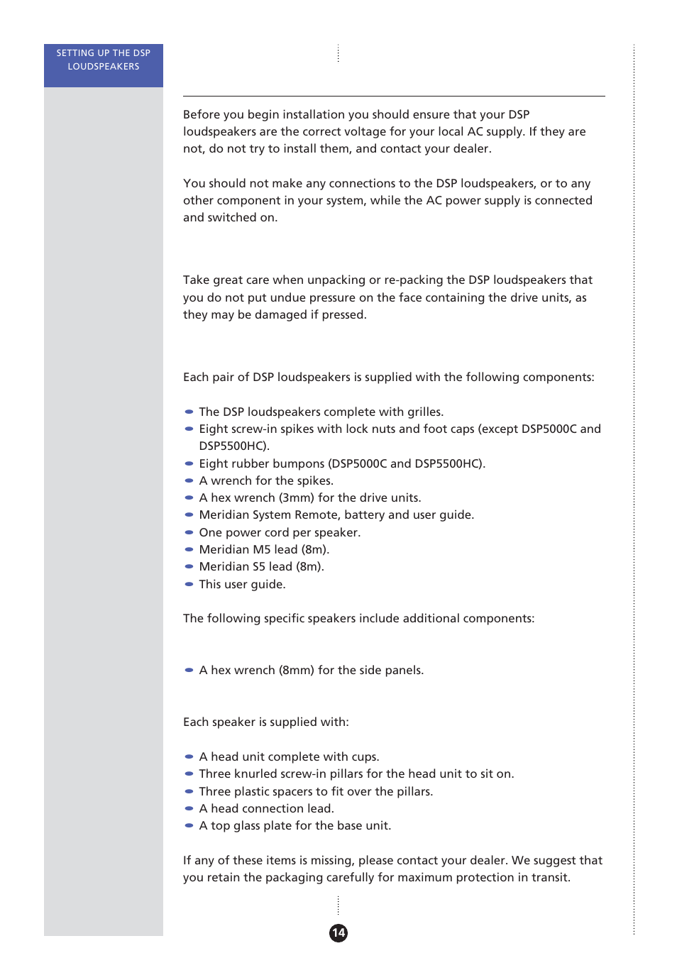 Unpacking, Components, Care when unpacking | Meridian America Meridian DSP User Manual | Page 19 / 49