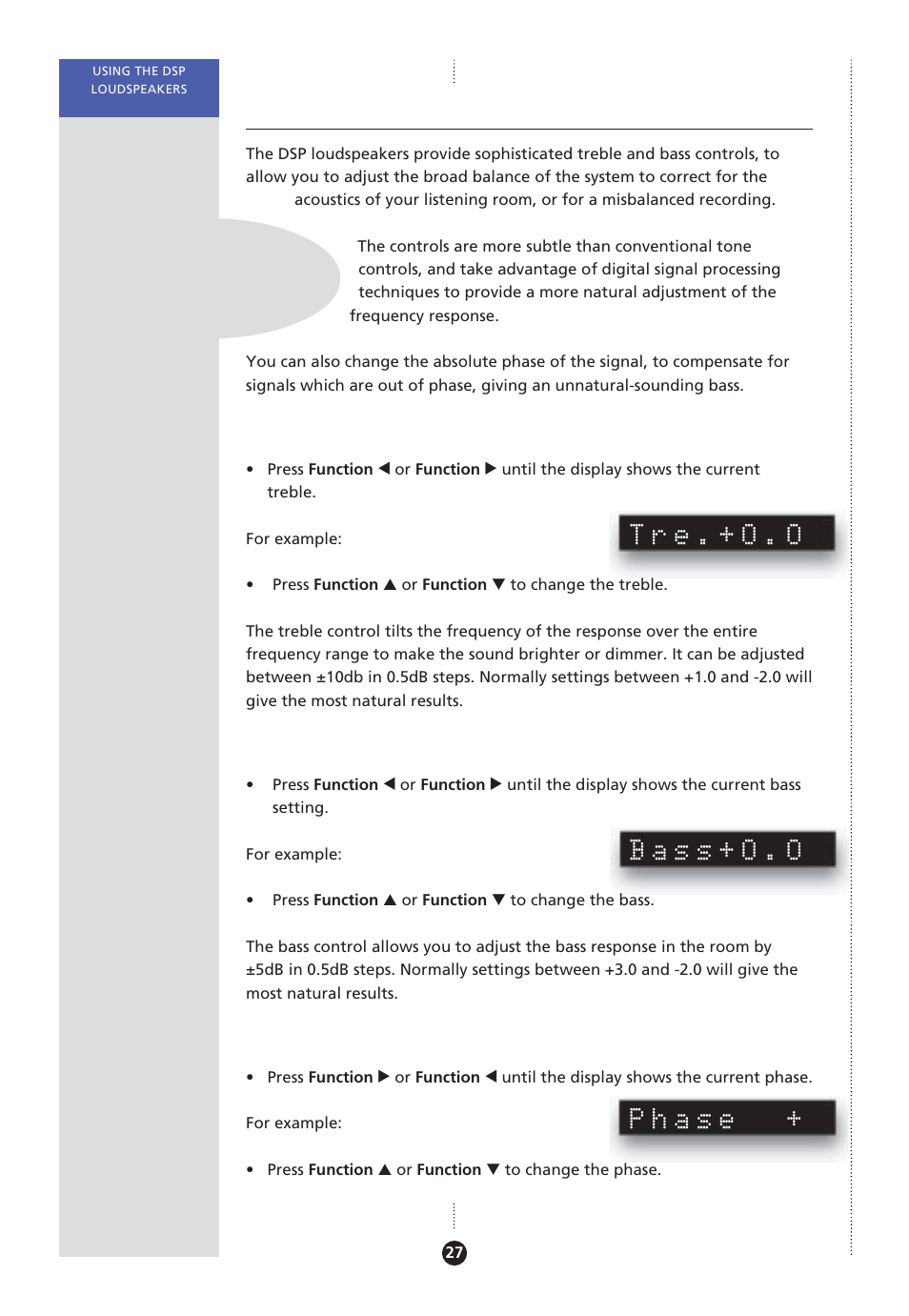 Changing the treble, bass or phase, Absolute phase, changing, Bass, changing | Phase, changing, Treble, changing, Changing the listening position, Changing the treble, bass, or phase, Tre.+0.0, Bass+0.0, Phase | Meridian America Meridian DSP User Manual | Page 32 / 49