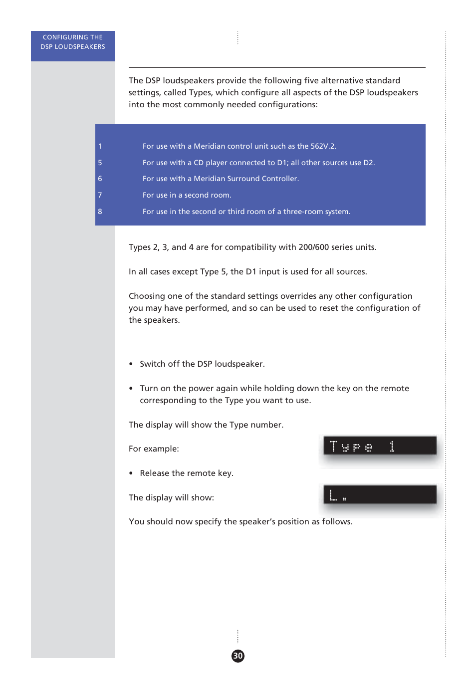 Choosing standard settings, Standard settings, selecting, Type 1 | Meridian America Meridian DSP User Manual | Page 35 / 49
