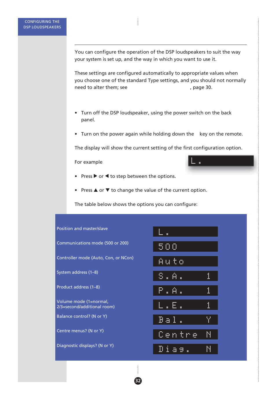 Specifying information about your system, Configuration options, Balance control | Centre menus, Communications mode, Controller mode, Diagnostic displays, Position and master/slave, Product address, System address | Meridian America Meridian DSP User Manual | Page 37 / 49