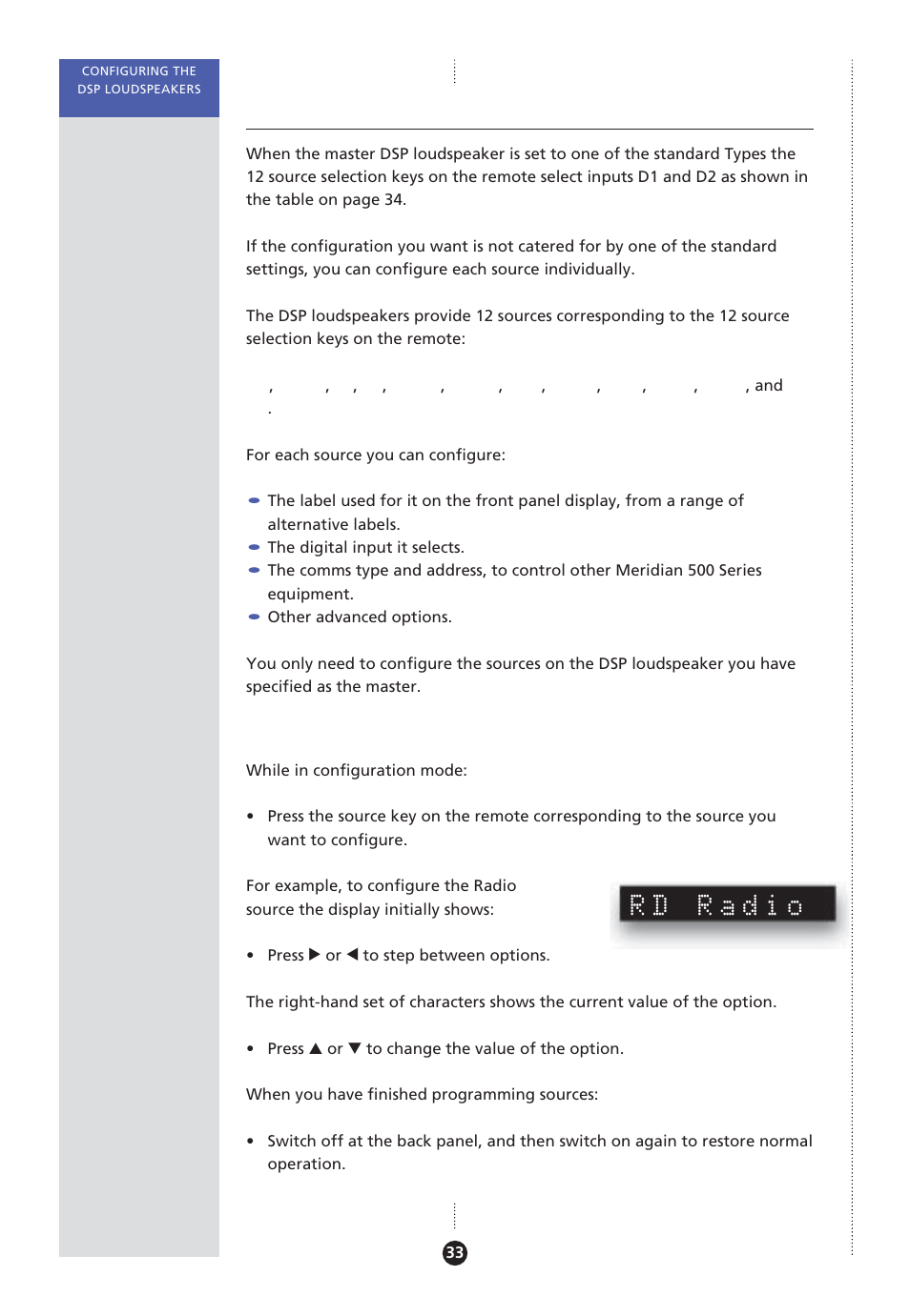 Configuring the sources, Configuring sources, Configuring | Rd radio | Meridian America Meridian DSP User Manual | Page 38 / 49