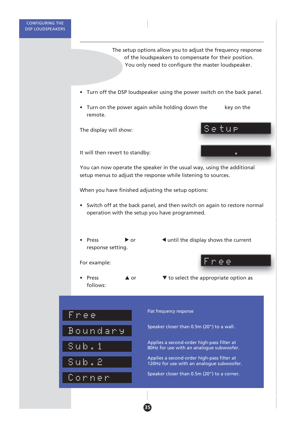 Configuring the setup options, Configuring setup options, Frequency response, configuring | Setup options, configuring, Setup, Free, Boundary, Sub.1, Sub.2, Corner | Meridian America Meridian DSP User Manual | Page 40 / 49