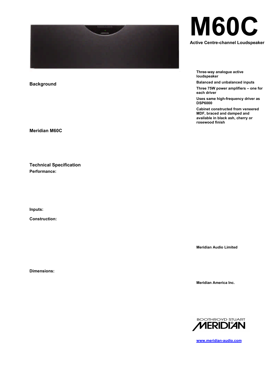 Meridian America M60C User Manual | 1 page