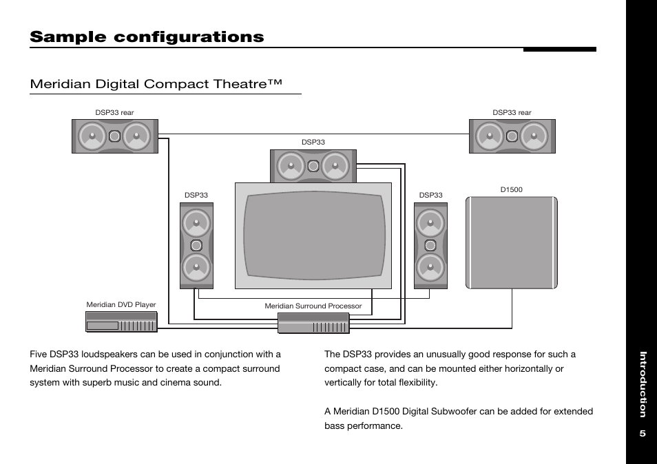 Sample configurations, Meridian digital compact theatre | Meridian America DSP33 User Manual | Page 10 / 47