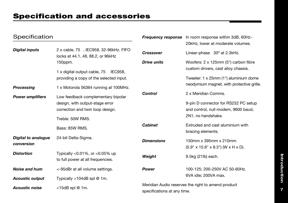 Specification and accessories, Specification | Meridian America DSP33 User Manual | Page 12 / 47