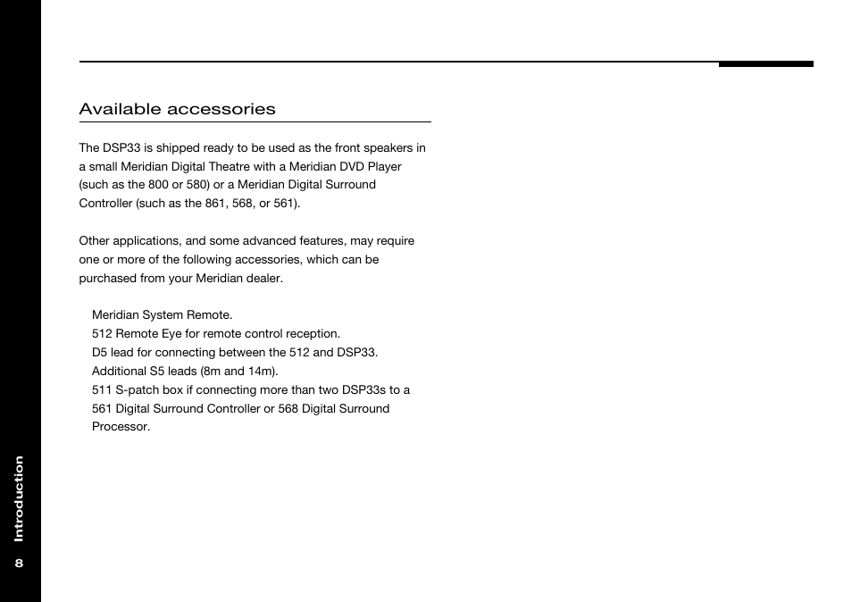 Accessories, Available accessories | Meridian America DSP33 User Manual | Page 13 / 47