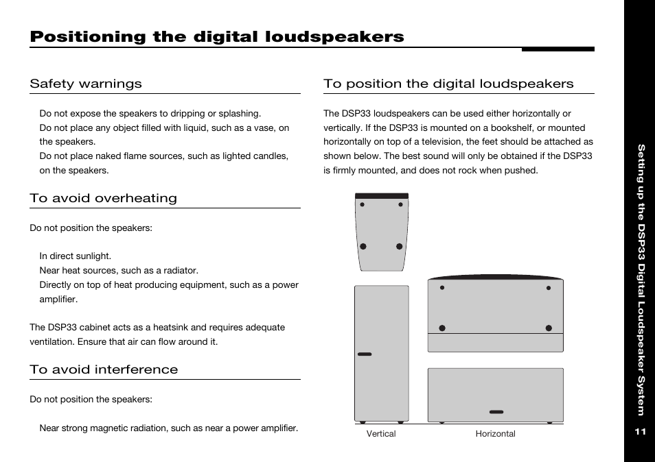 Positioning the digital loudspeakers, Positioning, Safety warnings | Meridian America DSP33 User Manual | Page 16 / 47