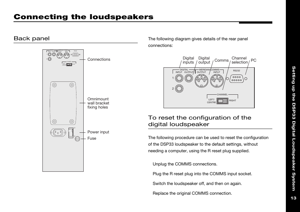 Connecting the loudspeakers, Back panel, Using the reset plug | Reset plug | Meridian America DSP33 User Manual | Page 18 / 47