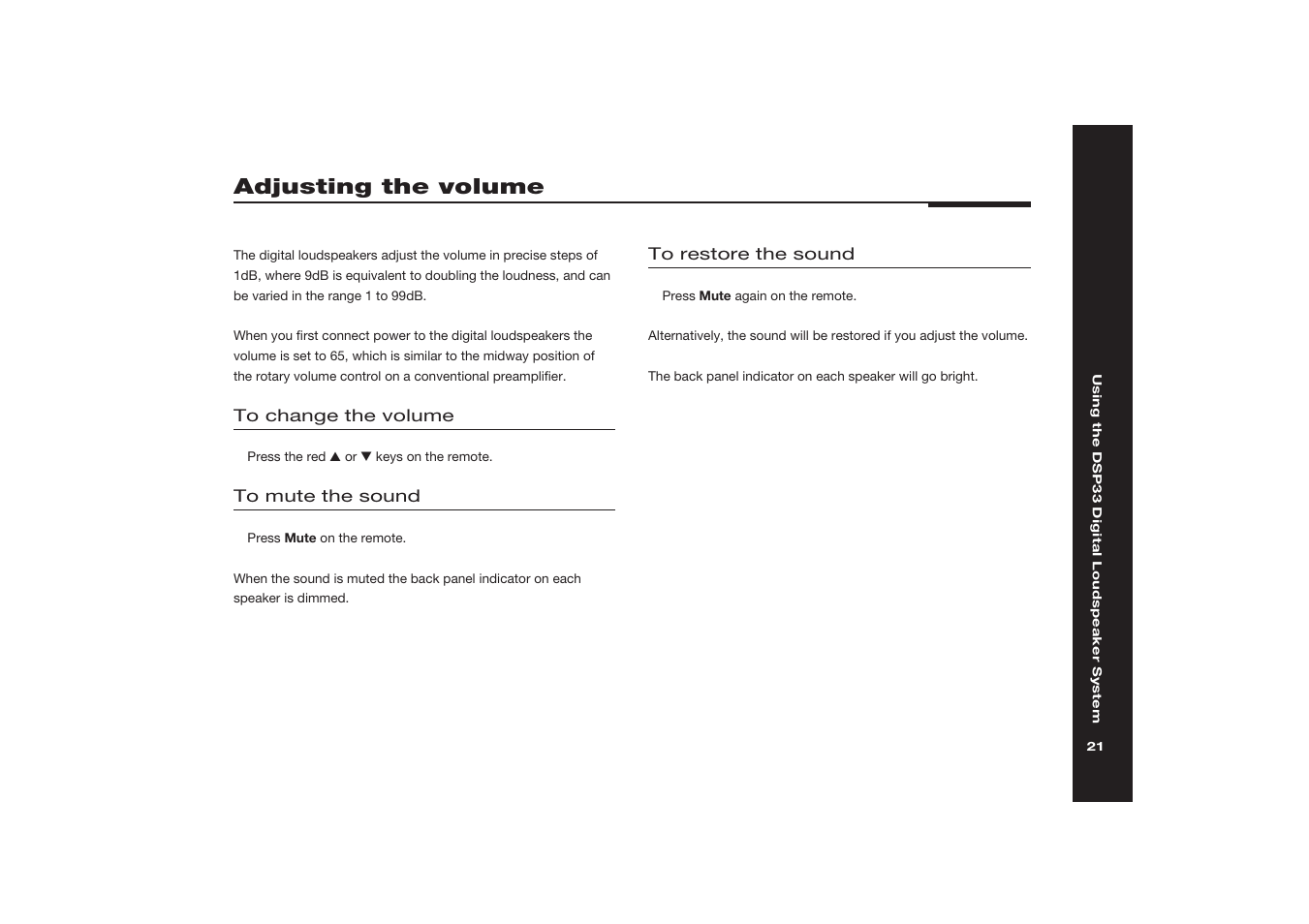 Adjusting the volume, Muting the sound, Adjusting | Muting | Meridian America DSP33 User Manual | Page 26 / 47