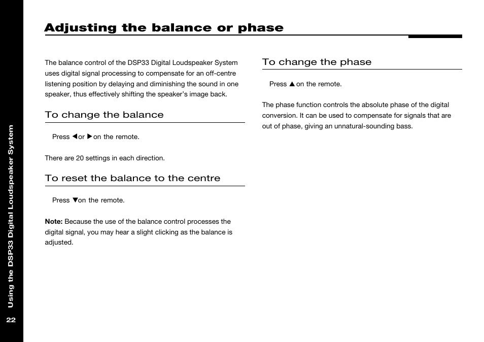 Adjusting the balance or phase, Balance, Phase | Meridian America DSP33 User Manual | Page 27 / 47