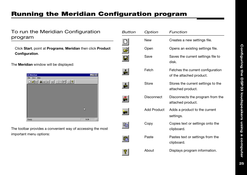 Running the meridian configuration program, Running, Toolbar buttons | Running the meridian configuration, Program | Meridian America DSP33 User Manual | Page 30 / 47