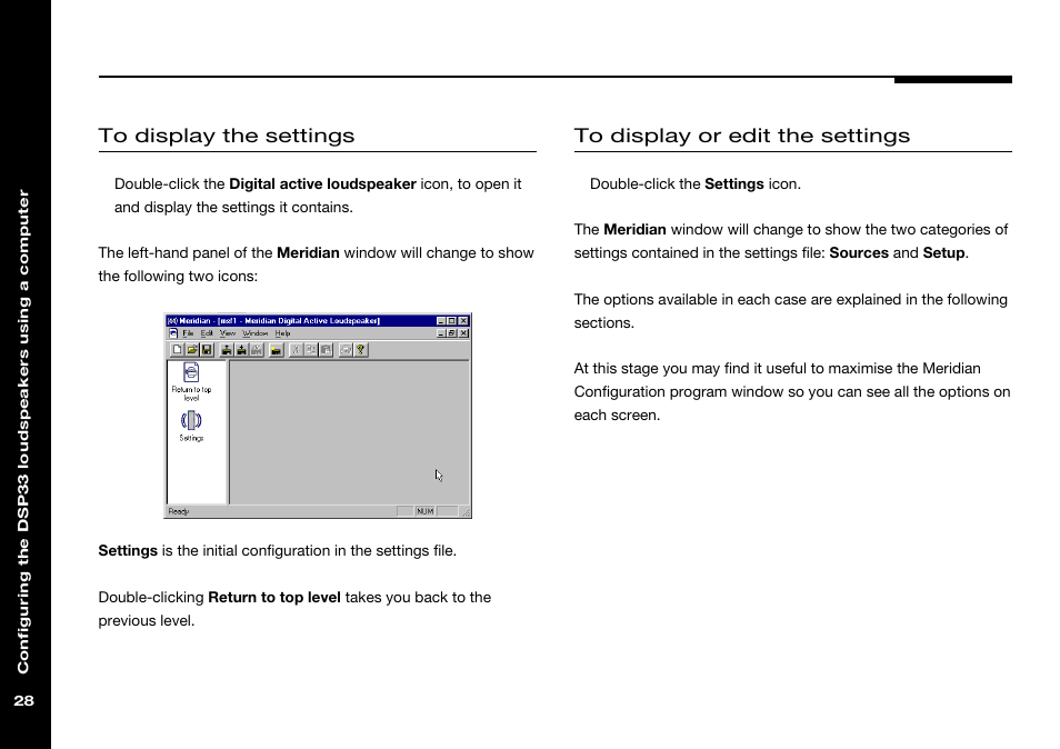 Return to top level icon, Settings icon | Meridian America DSP33 User Manual | Page 33 / 47