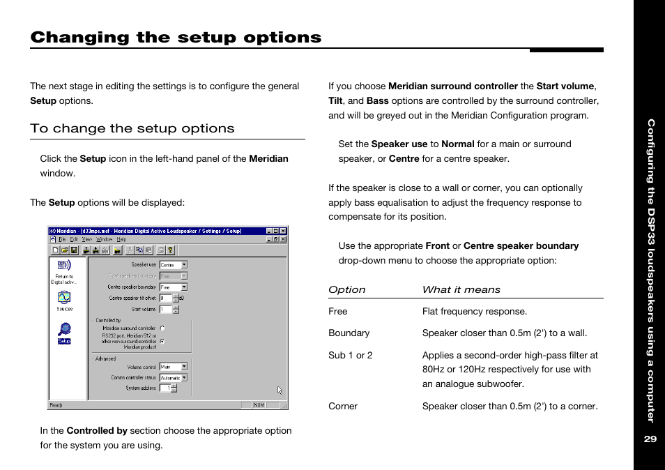 Changing the setup options, Setup options, using a pc | Meridian America DSP33 User Manual | Page 34 / 47