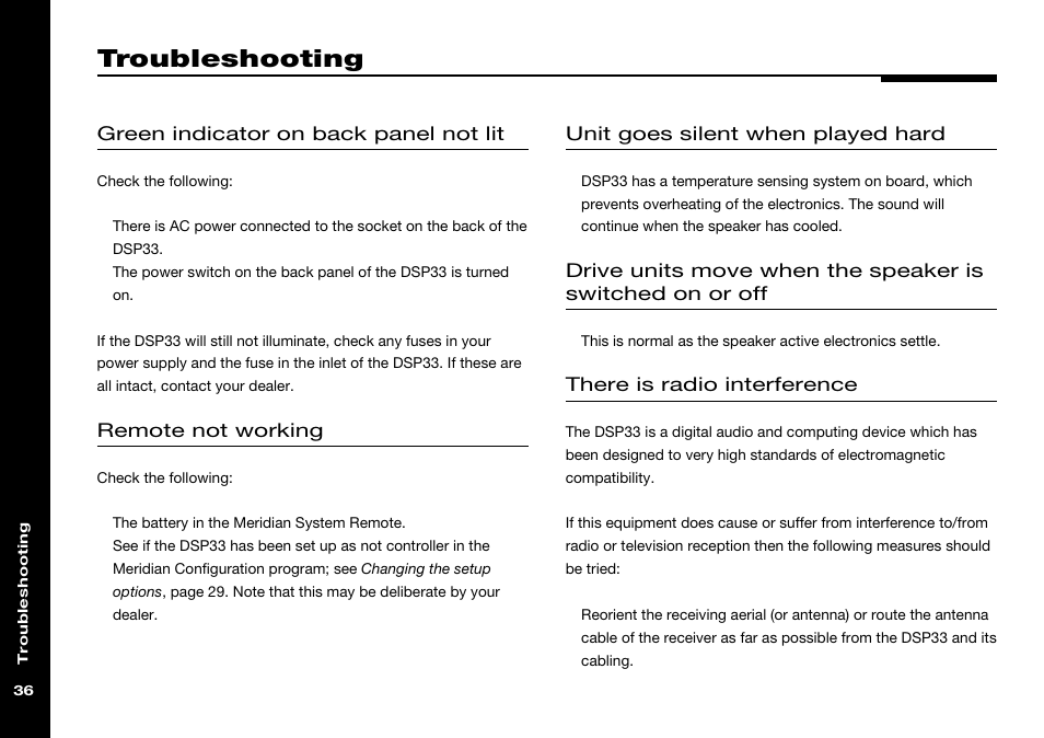 Troubleshooting | Meridian America DSP33 User Manual | Page 41 / 47