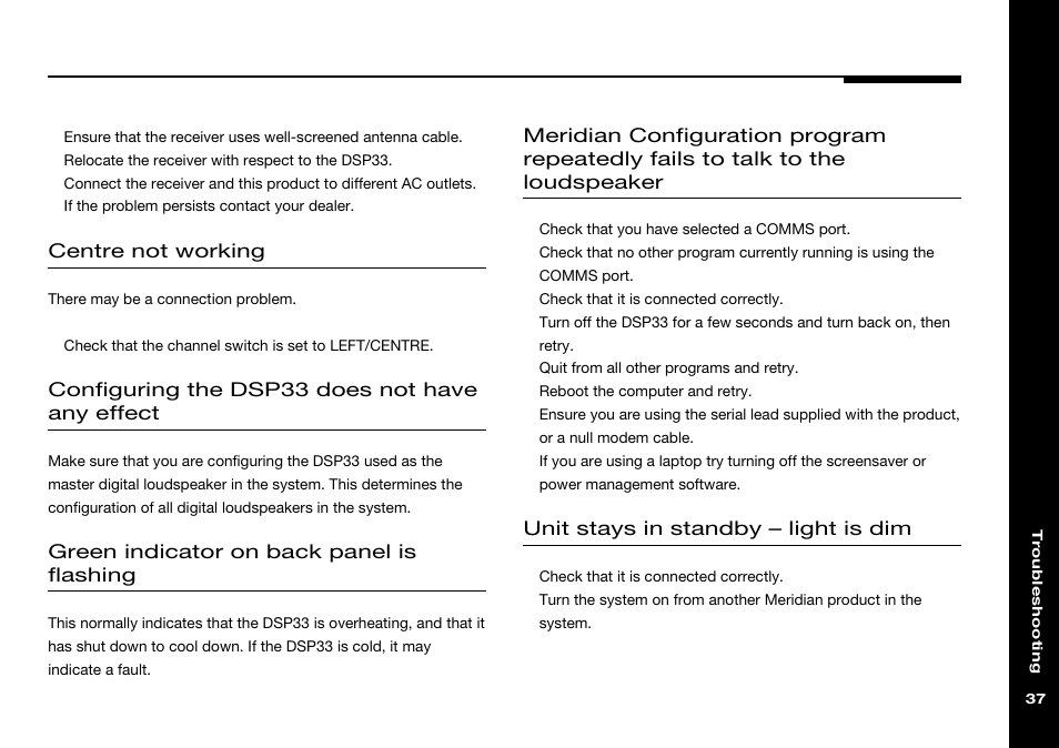 Not working | Meridian America DSP33 User Manual | Page 42 / 47