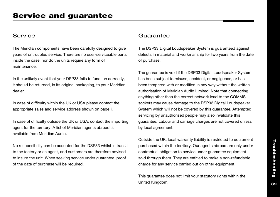 Service and guarantee, Service, Guarantee | Meridian America DSP33 User Manual | Page 44 / 47