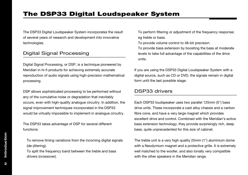 The dsp33 digital loudspeaker system, Drivers, Meridian 500 series | The dsp33 digital loudspeaker, System, Digital signal processing, Dsp33 drivers | Meridian America DSP33 User Manual | Page 7 / 47