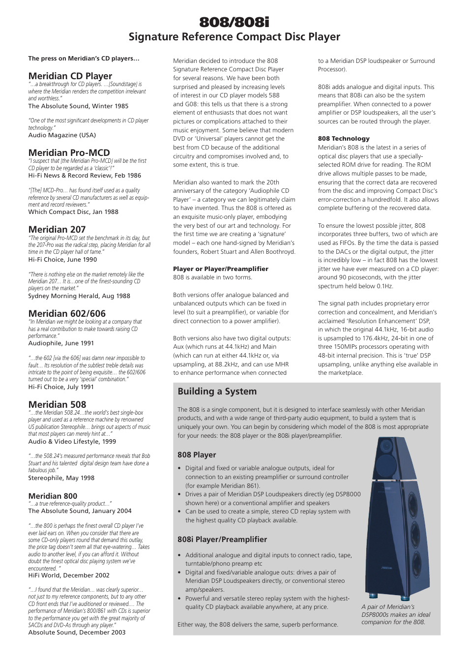 Signature reference compact disc player, Meridian cd player, Meridian pro-mcd | Meridian 207, Meridian 508, Building a system | Meridian America 808 User Manual | Page 3 / 4