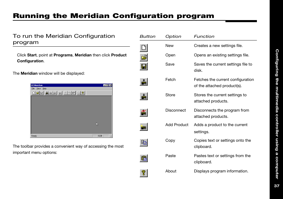 Running the meridian configuration program, Running, Toolbar buttons | Running the meridian configuration, Program | Meridian America 562V.2 User Manual | Page 42 / 61