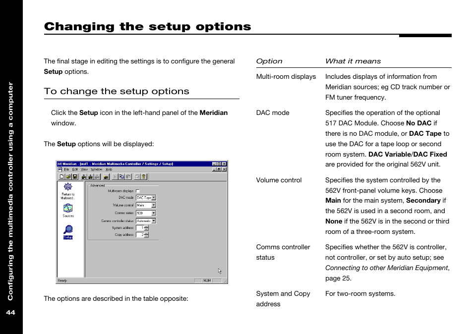 Changing the setup options, Setup options, using a pc | Meridian America 562V.2 User Manual | Page 49 / 61