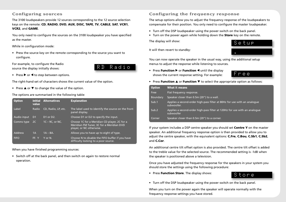 Coinfiguring sources, Rd radio, Setup | Free, Store | Meridian America 3100 User Manual | Page 11 / 16