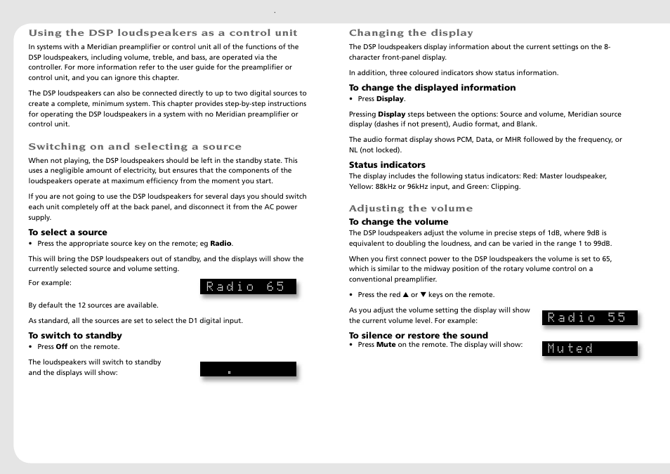 Operating, Using the dsp loudspeaker as a control unit, Switching on and selecting a source | Radio 65, Radio 55, Muted | Meridian America 3100 User Manual | Page 13 / 16