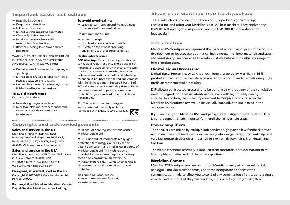 Getting started, Important safety instructions, Copyright and acknowledgements | Meridian America 3100 User Manual | Page 2 / 16