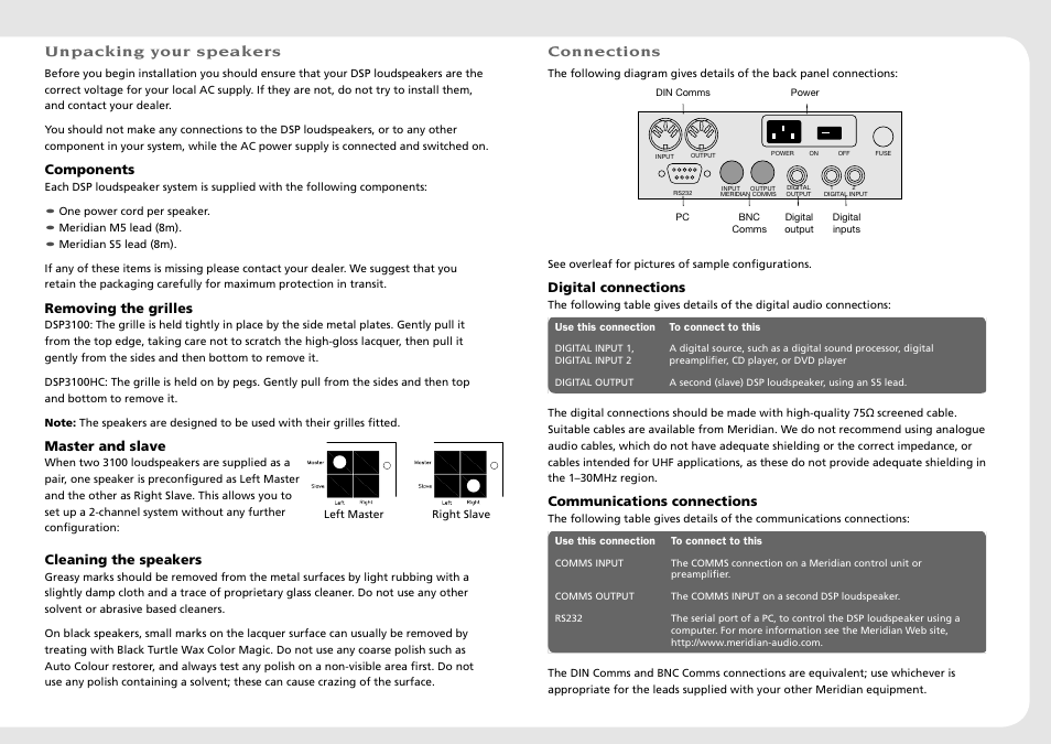 Unpacking your speakers, Connections | Meridian America 3100 User Manual | Page 4 / 16