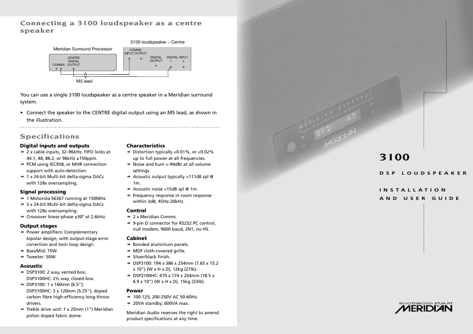 Connecting a 3100 loudspeaker as a centre speaker, Specifications | Meridian America 3100 User Manual | Page 8 / 16