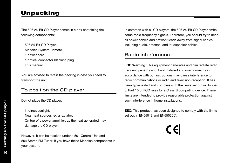 Unpacking, Components, Installing | Positioning, Radio interference | Meridian America 506 User Manual | Page 21 / 31