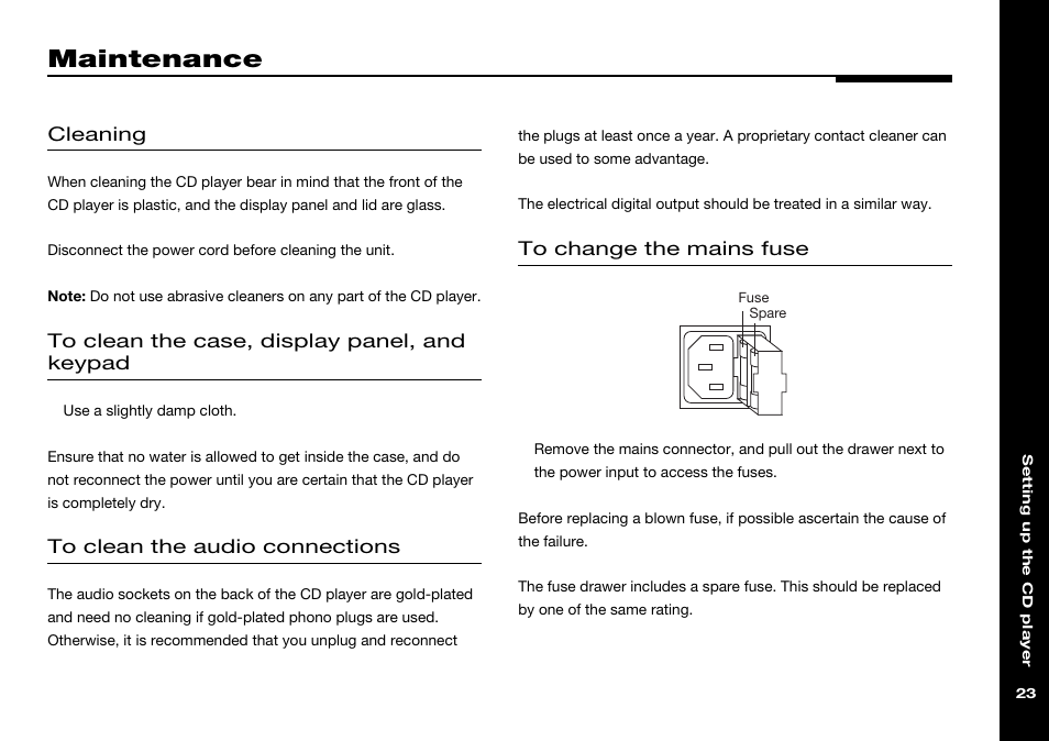 Maintenance, The audio connections, The case | Fuse, replacing | Meridian America 506 User Manual | Page 28 / 31