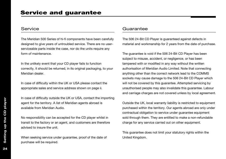 Service and guarantee, Guarantee, Service | Meridian America 506 User Manual | Page 29 / 31