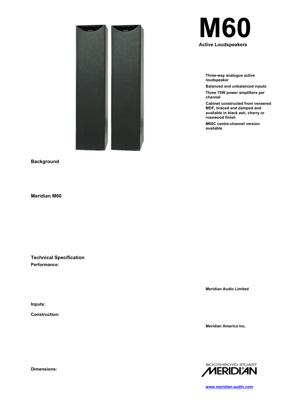 Meridian America M60 User Manual | 1 page