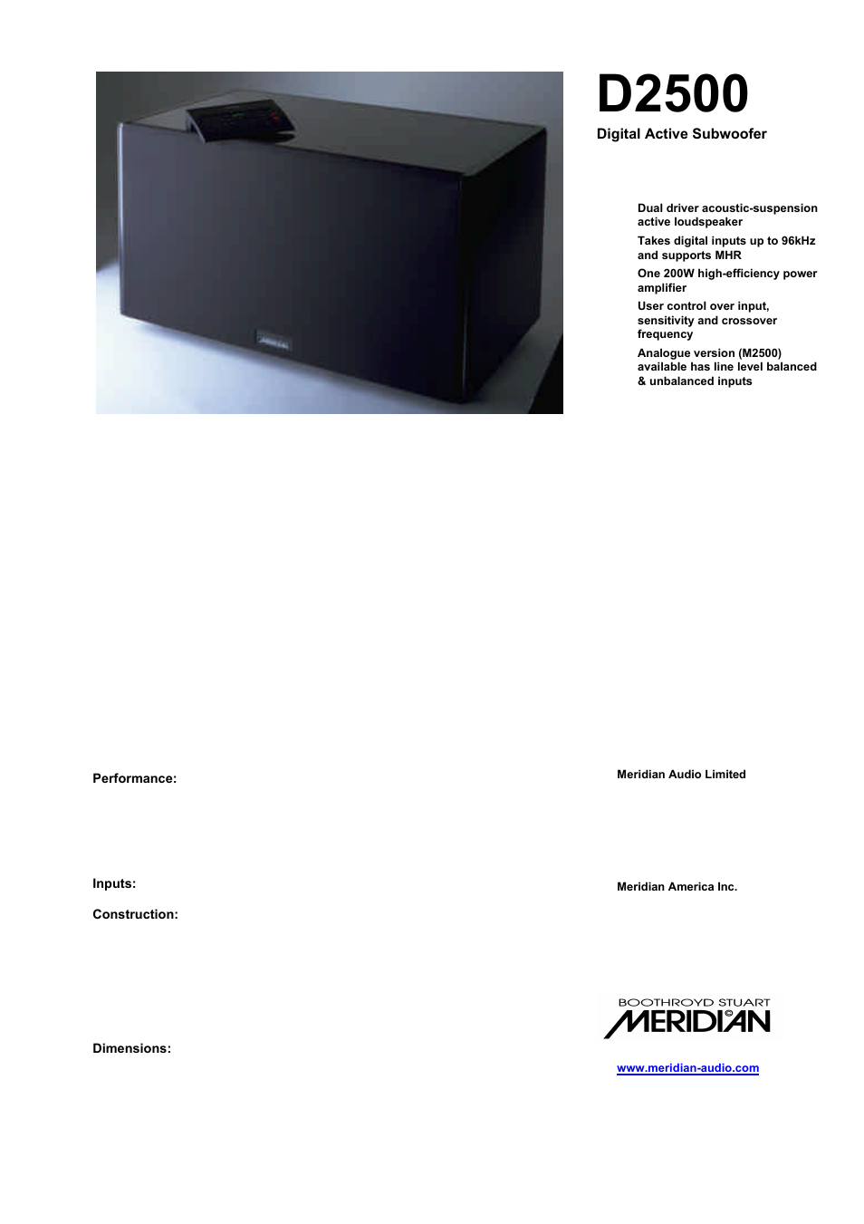 Meridian America Digital Active Subwoofer D2500 User Manual | 1 page