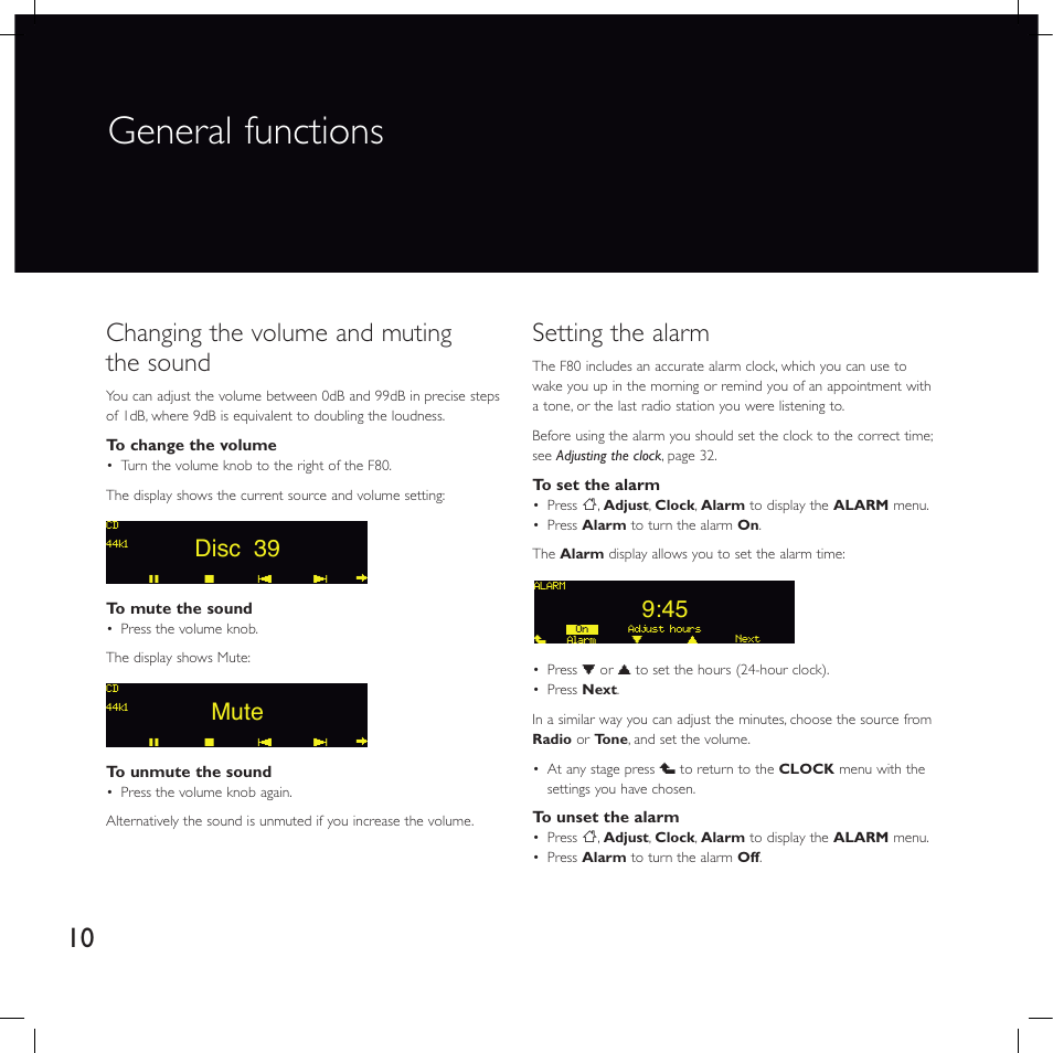 General functions, Changing the volume and muting the sound, Setting the alarm | Disc 39, Mute | Meridian America F80 User Manual | Page 15 / 45