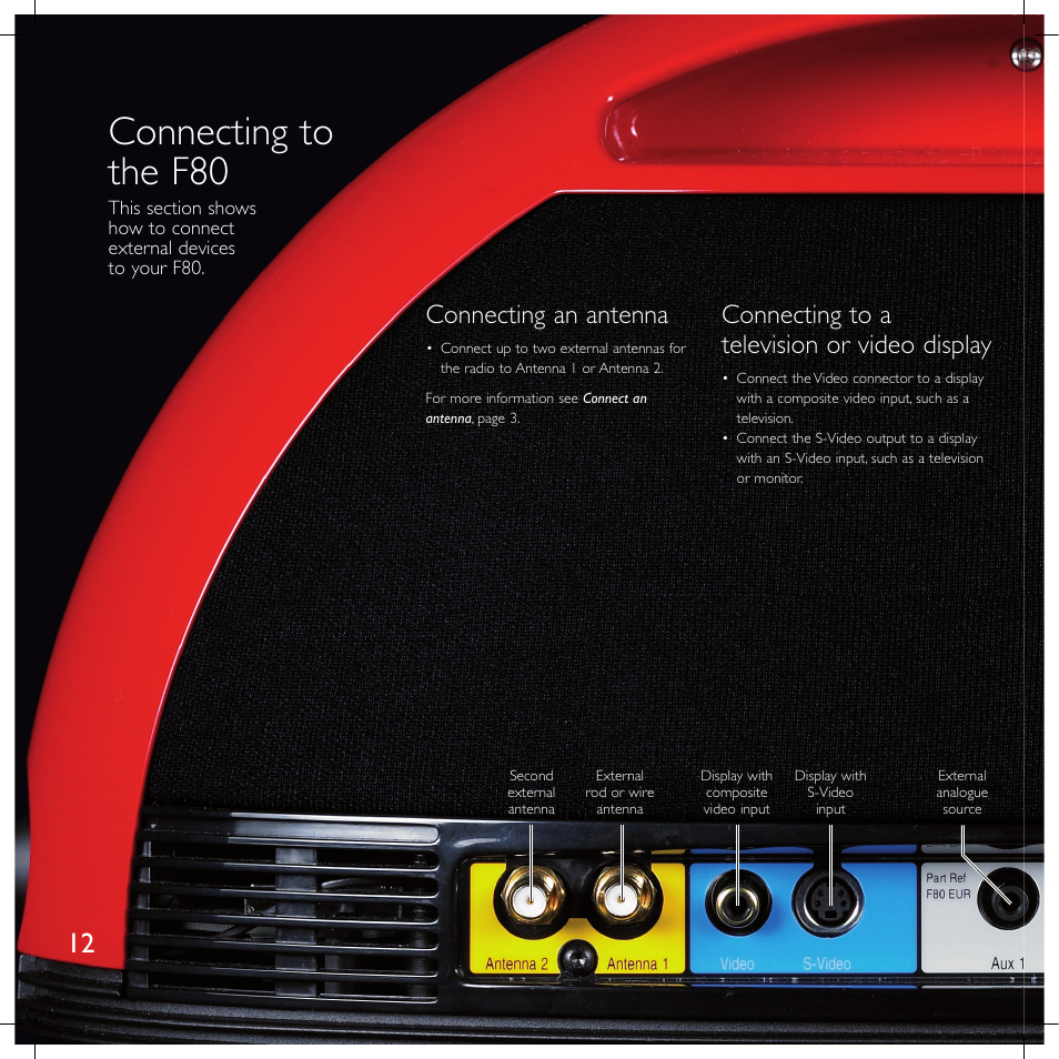 Connecting to the f80, Connecting an antenna, Connecting to a television or video display | Meridian America F80 User Manual | Page 17 / 45