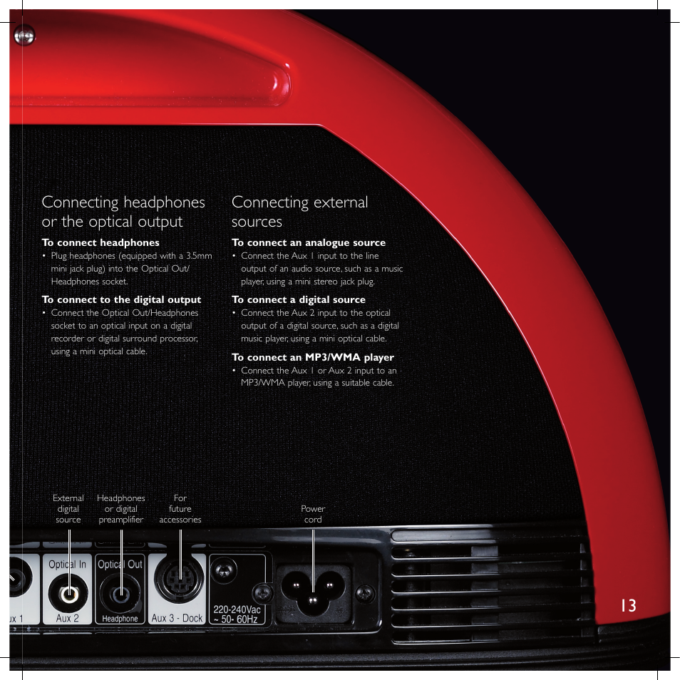 Connecting headphones or the optical output, Connecting external sources | Meridian America F80 User Manual | Page 18 / 45