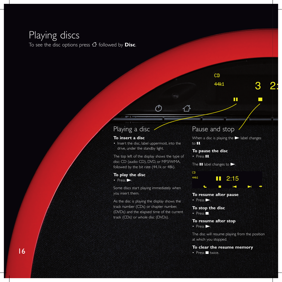 Playing discs, Playing a disc, Pause and stop | Meridian America F80 User Manual | Page 21 / 45