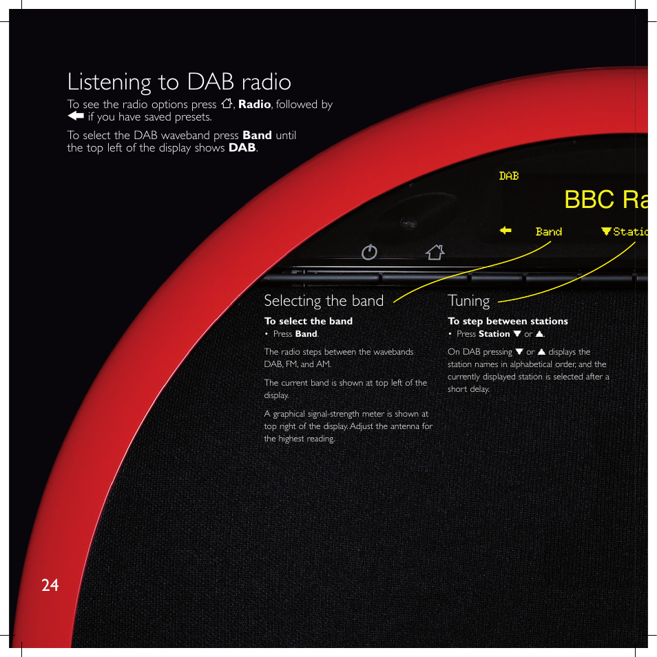 Listening to dab radio, Bbc radio 2, Selecting the band | Tuning | Meridian America F80 User Manual | Page 29 / 45