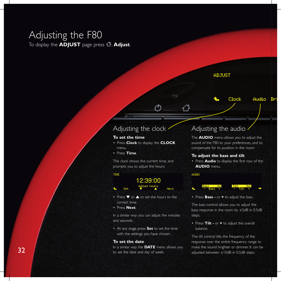 Adjusting the f80, Adjusting the clock, Adjusting the audio | Meridian America F80 User Manual | Page 37 / 45