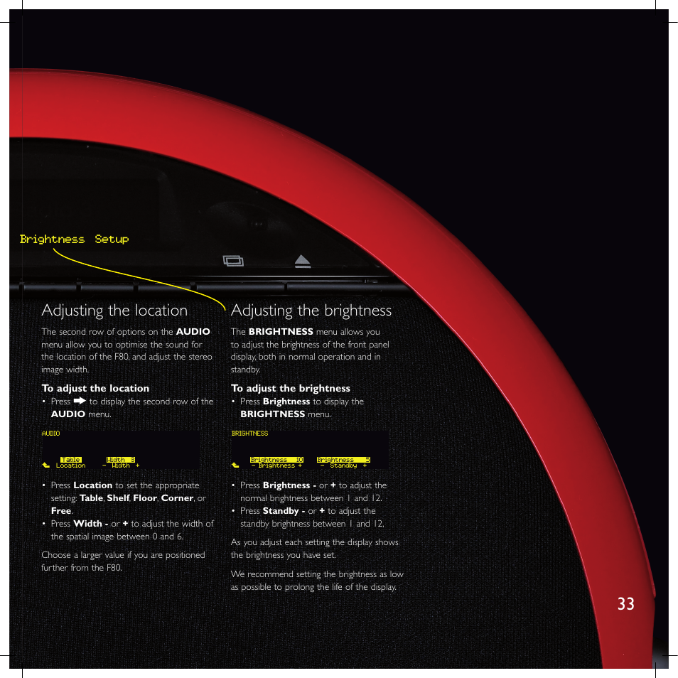 Adjusting the location, Adjusting the brightness, Brightness setup clock audio ¬ adjust | Meridian America F80 User Manual | Page 38 / 45