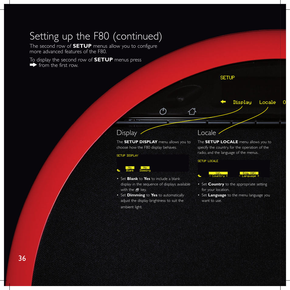 Setting up the f80 (continued), Display, Locale | Meridian America F80 User Manual | Page 41 / 45