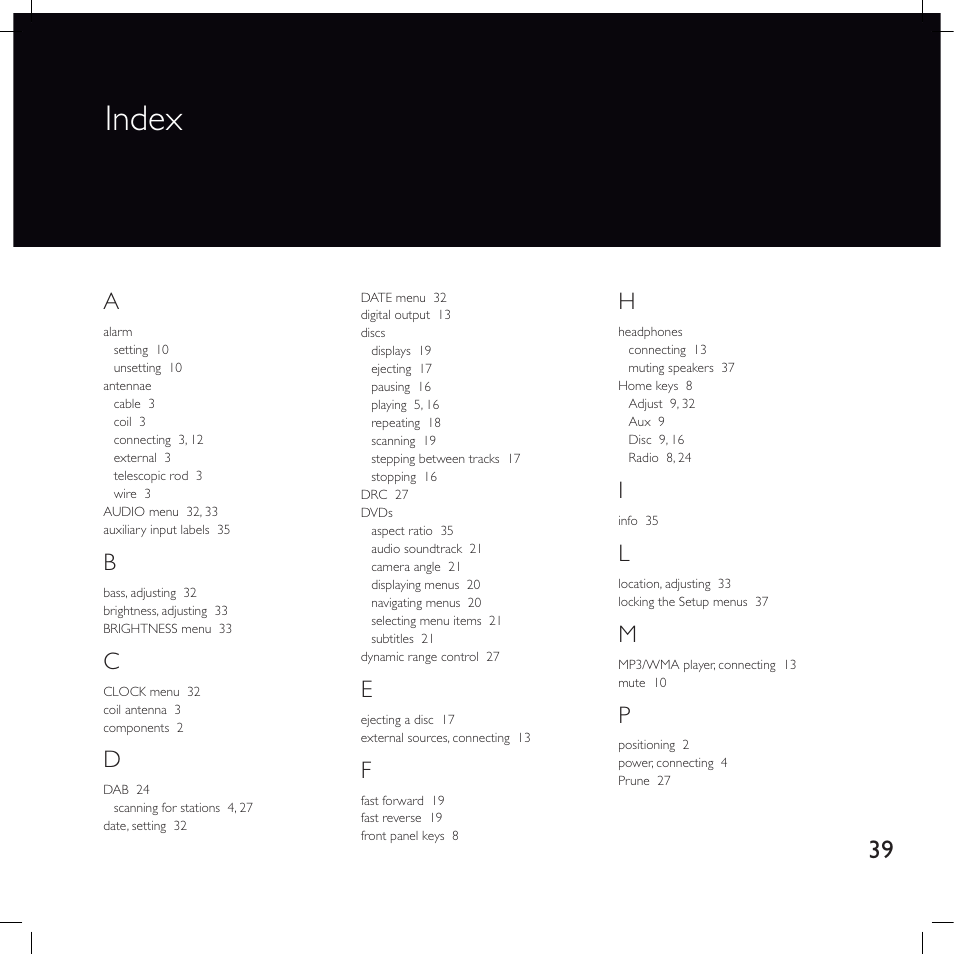 Index | Meridian America F80 User Manual | Page 44 / 45