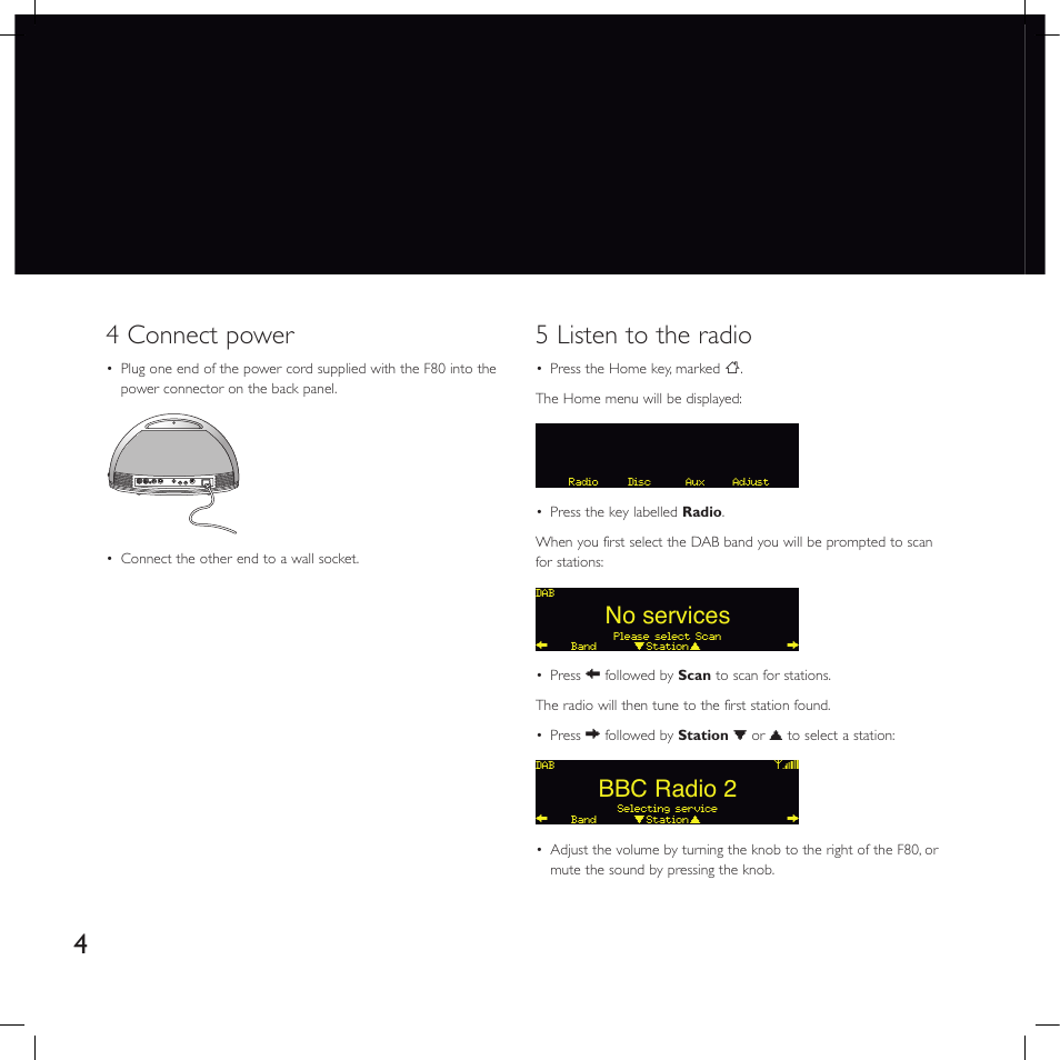 4 connect power, 5 listen to the radio, No services | Bbc radio 2 | Meridian America F80 User Manual | Page 9 / 45