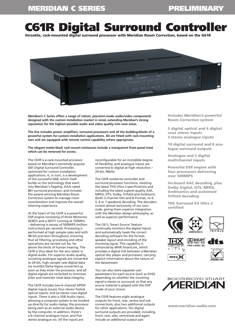 Meridian America Digital Surround Controller C61R User Manual | 2 pages