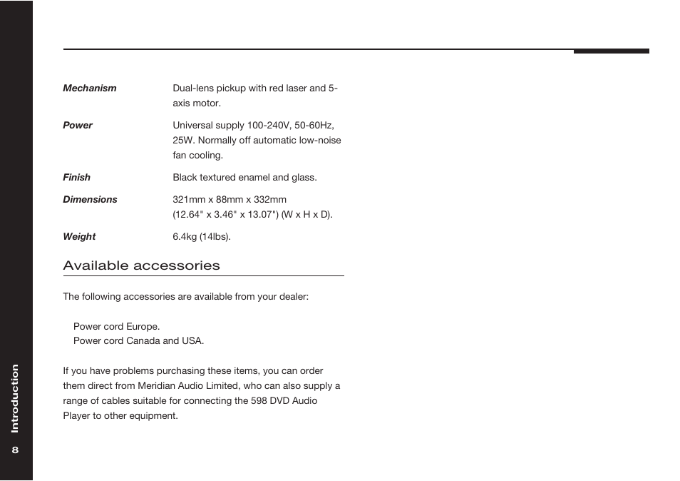 Accessories, Available accessories | Meridian America 598 User Manual | Page 15 / 87