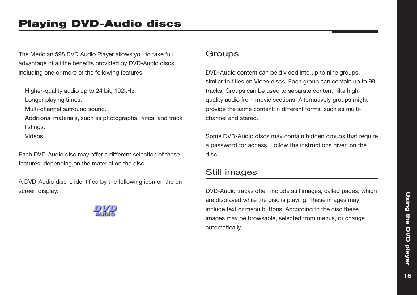 Playing dvd-audio discs, Groups, Images | Still images | Meridian America 598 User Manual | Page 22 / 87