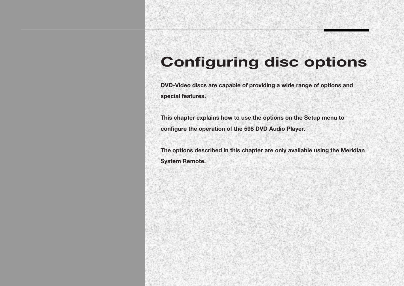 Configuring disc options, Disc options, configuring | Meridian America 598 User Manual | Page 40 / 87