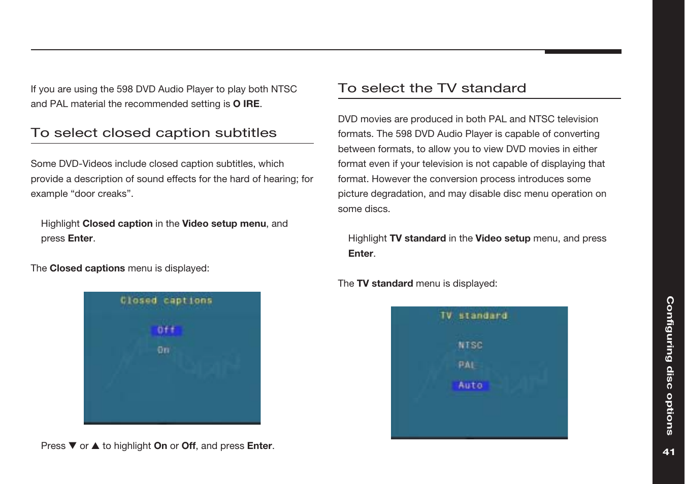 Closed caption, Tv standard, selecting | Meridian America 598 User Manual | Page 48 / 87