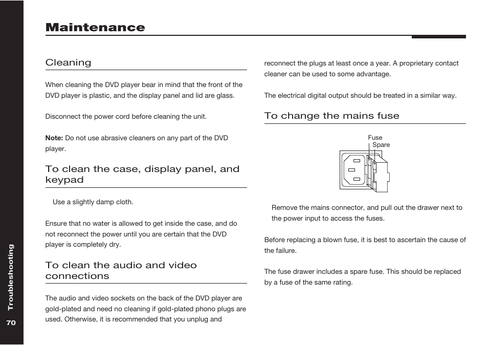 Maintenance, Cleaning, Fuse, replacing | Meridian America 598 User Manual | Page 77 / 87